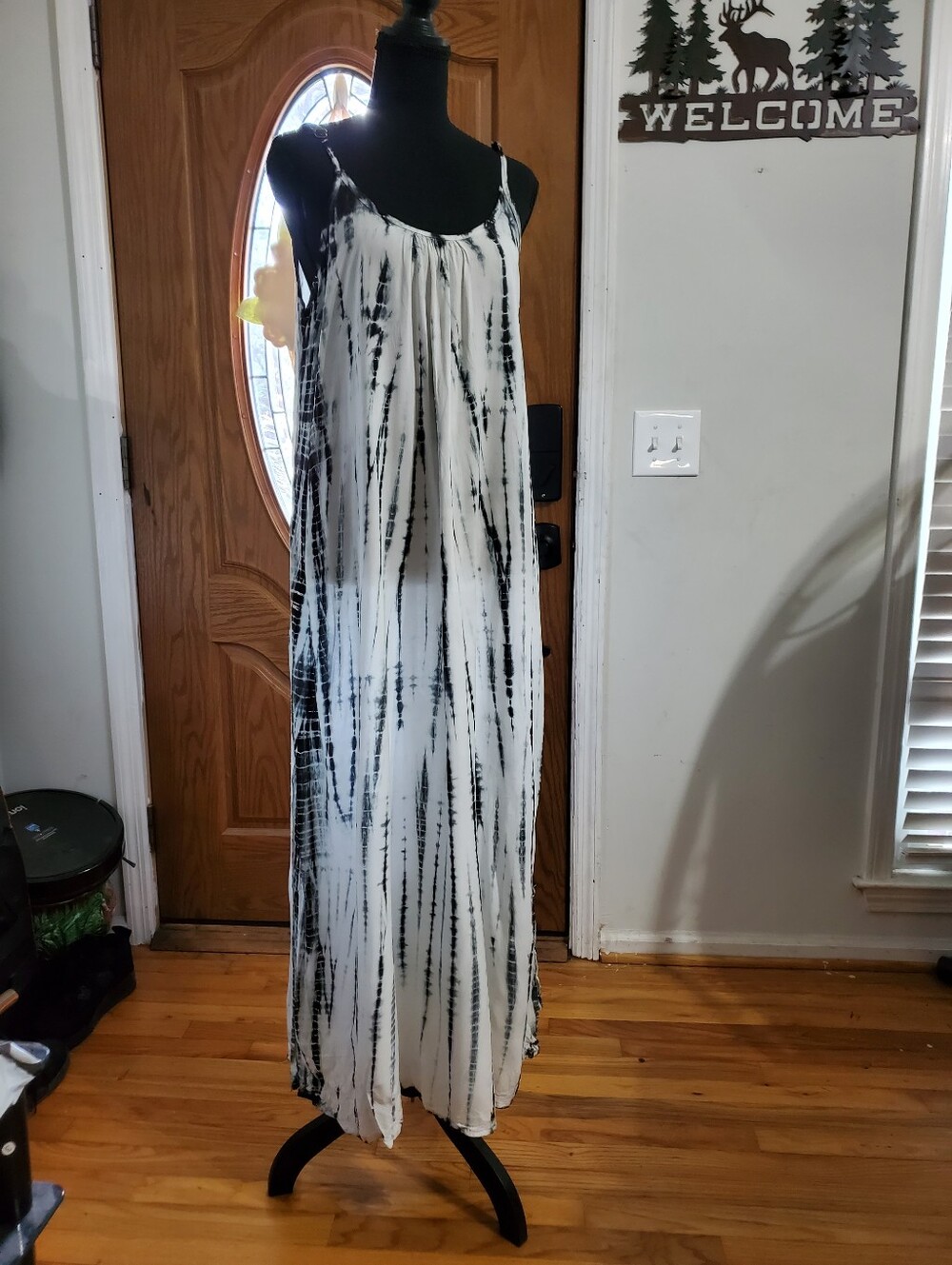 Gaby & Grace Black White Shibori Tie Dye Stripe Maxi Dress Spaghetti Strap Large